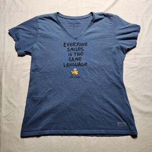 Life Is Good Womens Large V-Neck Graphic T Shirt Blue